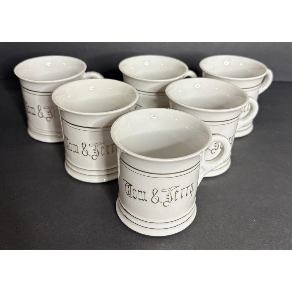 6 Tom & Jerry Cup White Gold Letters Made In Japan Holiday Egg Nog Handled